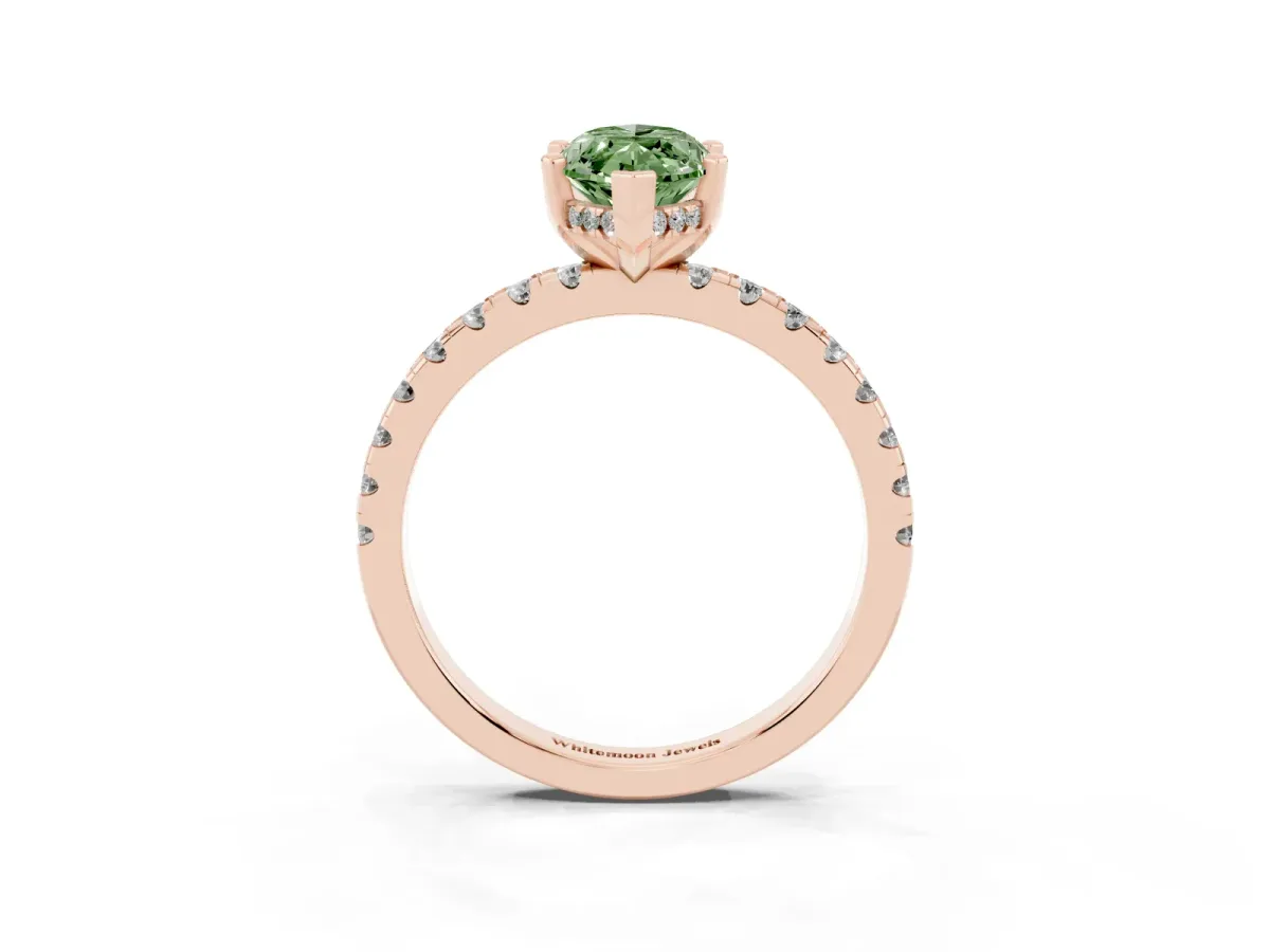 Fancy Green Marquise Cut Diamond Solitaire Ring with Round Pavé Band and Four-Prong Setting Rose gold