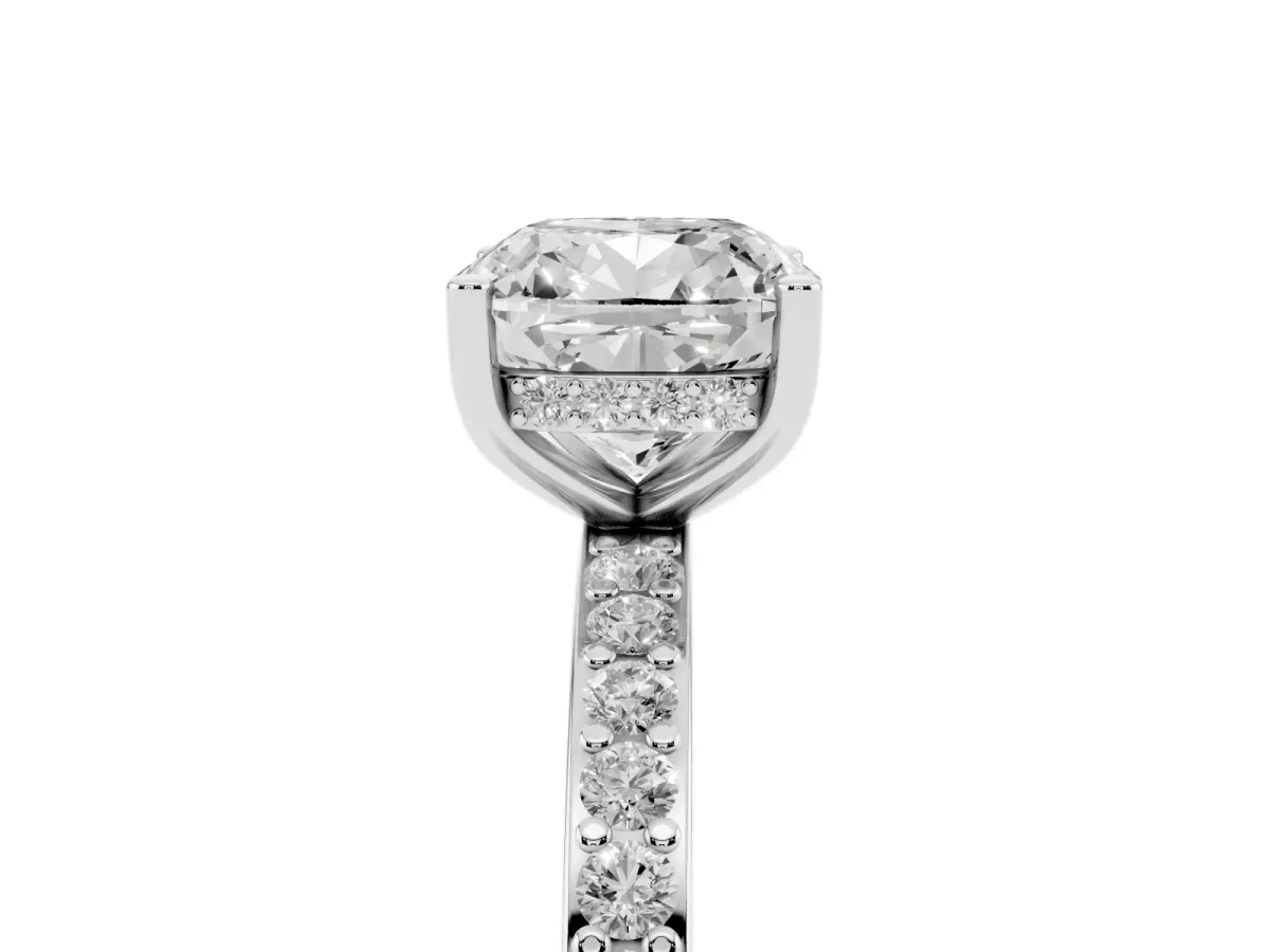 Cushion Cut Cut Diamond Pavé Band Ring with Four-Prong Setting Silver