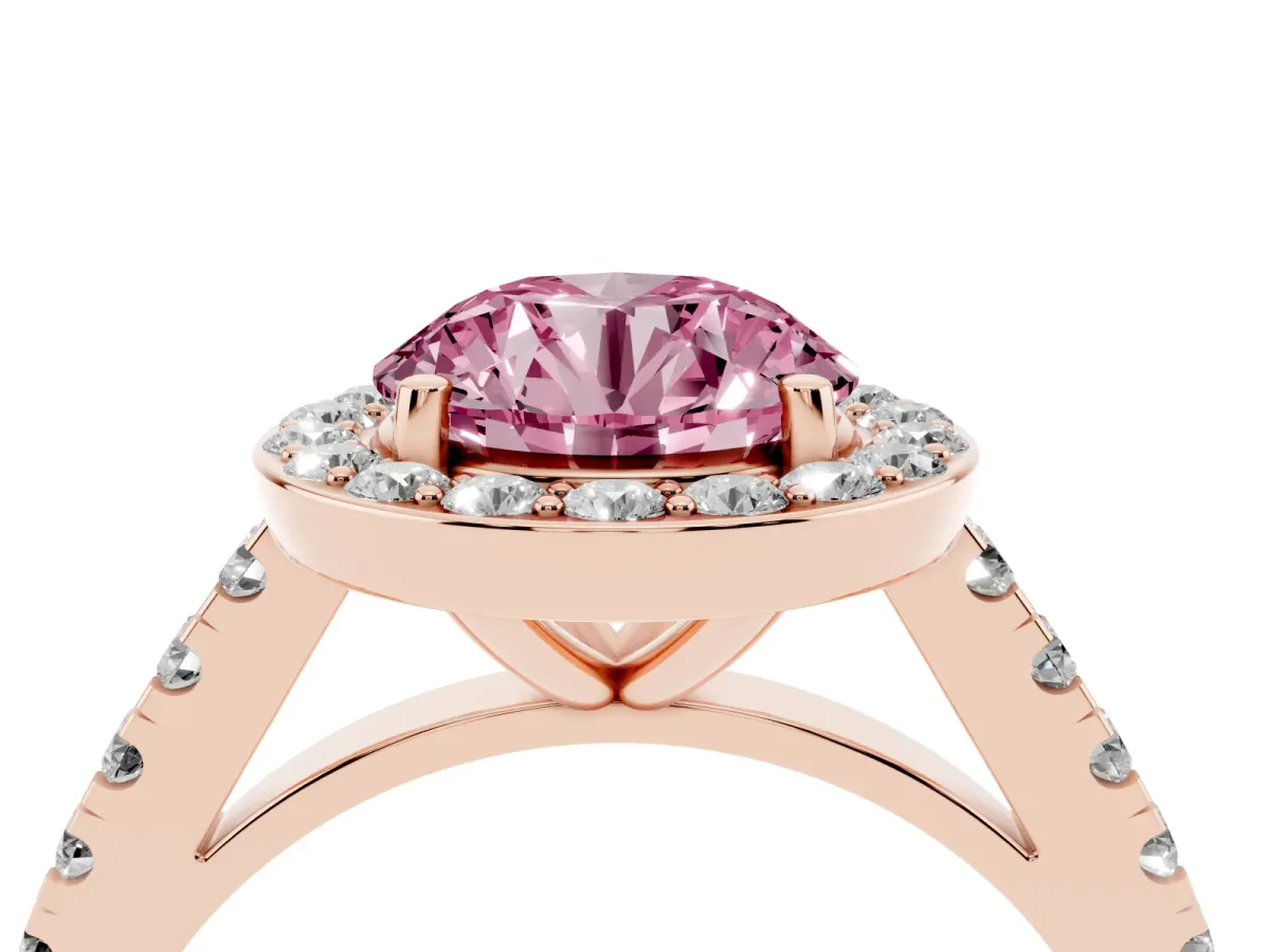 Fancy Pink Round Cut Diamond Halo Ring with Round Pavé Split Shank and Prong Setting Rose gold
