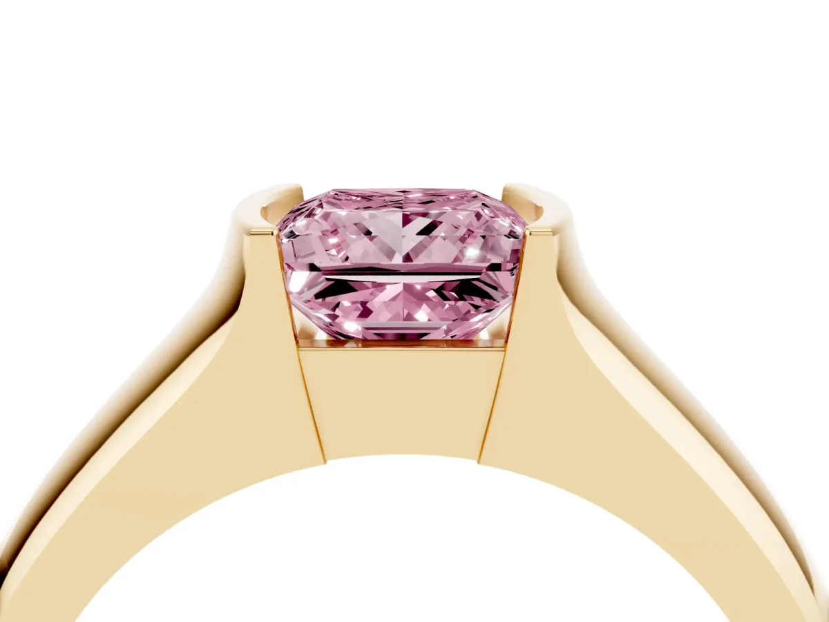 Fancy Pink Princess Cut Solitaire Bezel Set Diamond Ring with Wide Band Yellow gold