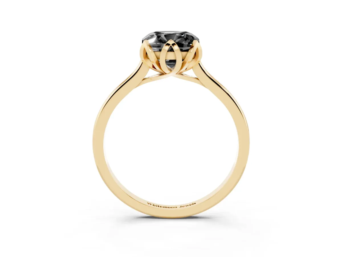 Fancy Black Cushion Cut Diamond Solitaire Ring with Flower Prong Setting and Classic Band Yellow gold