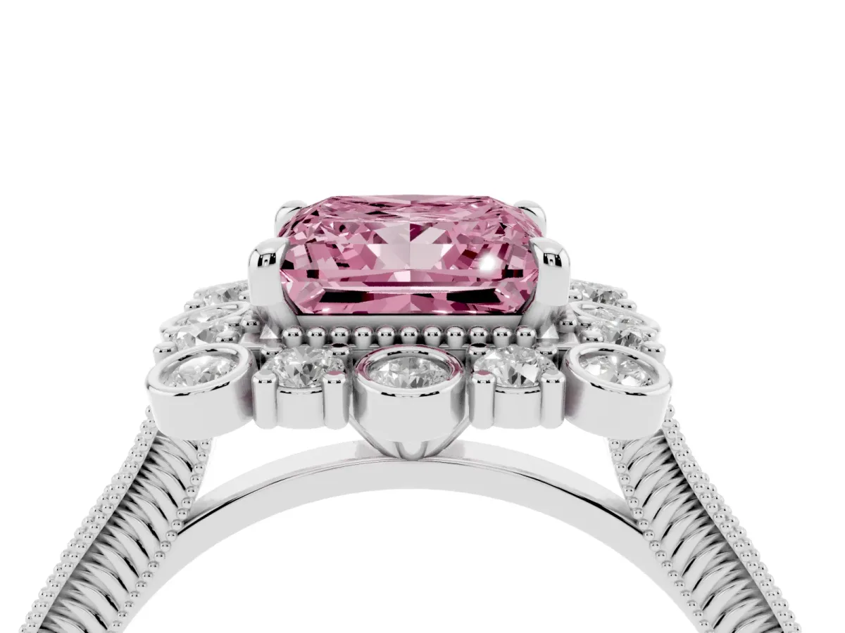 Fancy Pink Princess Cut Halo Milgrain Pave Diamond Ring with Four-Prong Setting Platinum