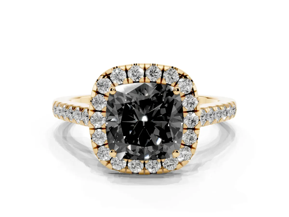 Fancy Black Cushion Cut Halo Pave Diamond Engagement Ring with Four-Prong Setting Yellow gold
