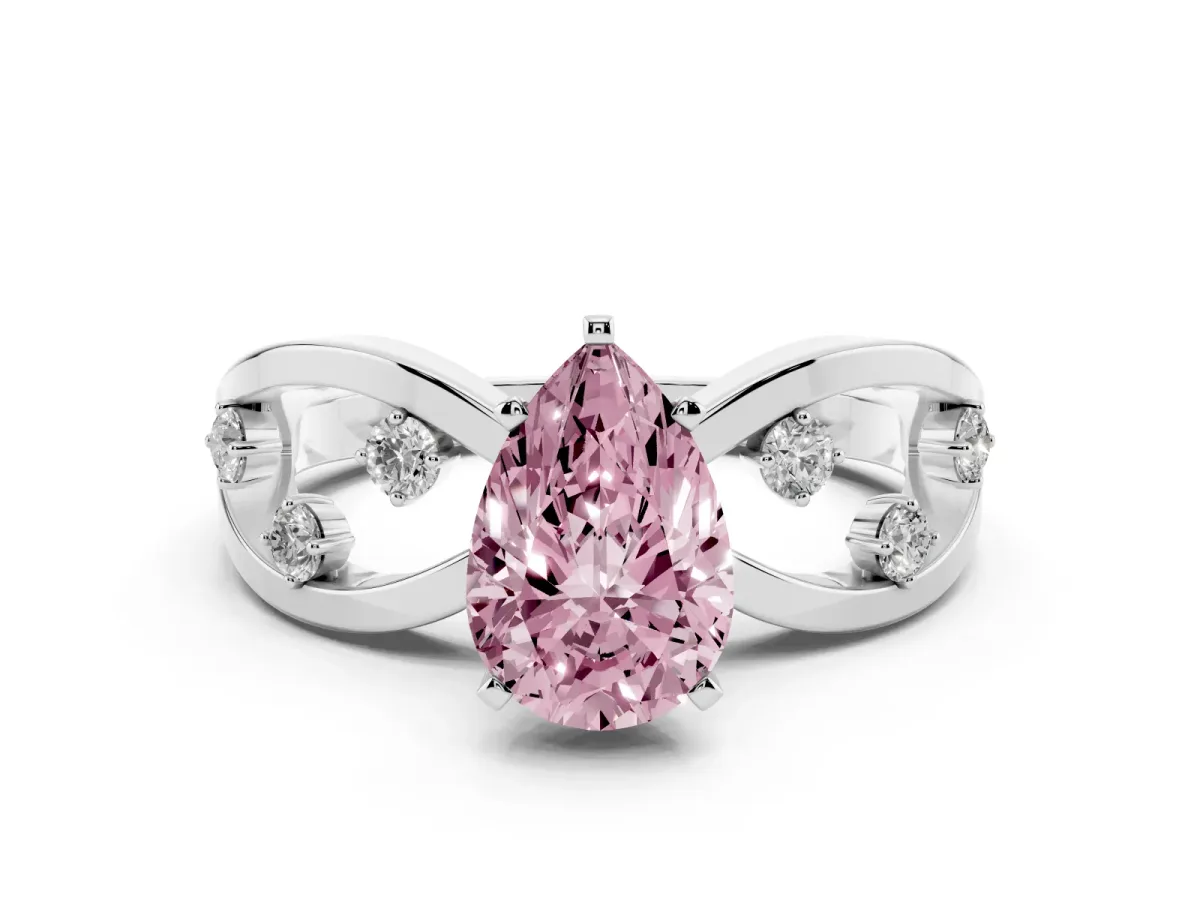 Fancy Pink Pear Cut Cut Solitaire Diamond with Side Stones on Criss-Cross Band and Four-Prong Setting Platinum
