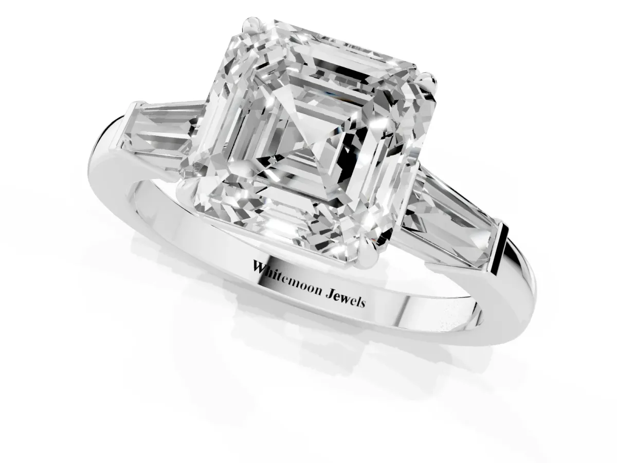 Asscher Cut Diamond Three-Stone Ring with Tapered Baguette Side Stones and Prong Setting Silver