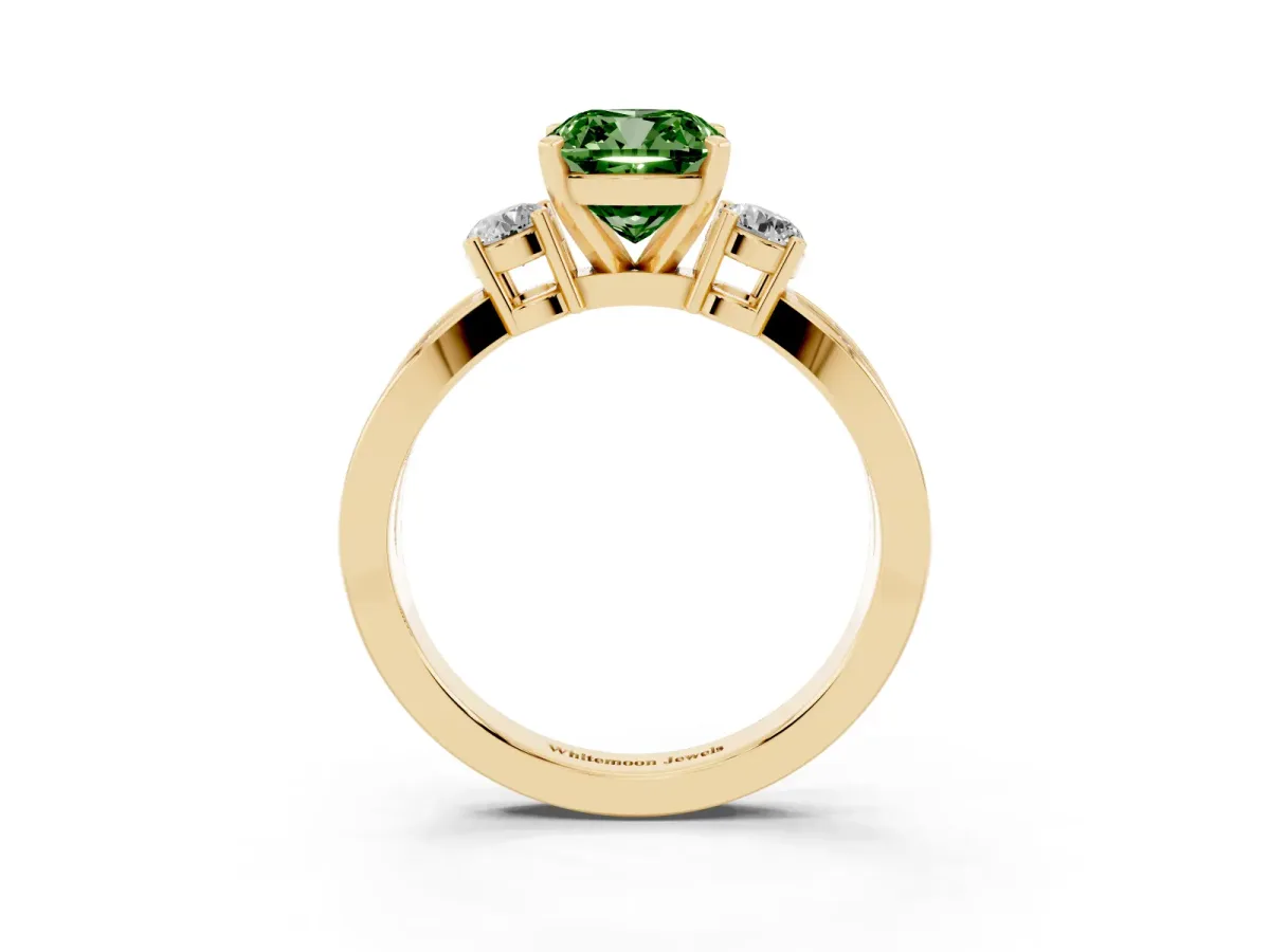 Fancy Green Three-Stone Cushion Cut Cut Diamond Twist Band with Prong Setting Yellow gold