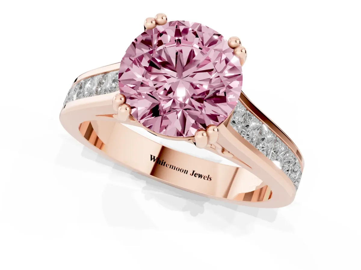 Fancy Pink Round Cut Cut Channel Set Solitaire Engagement Ring with Prong Setting Rose gold