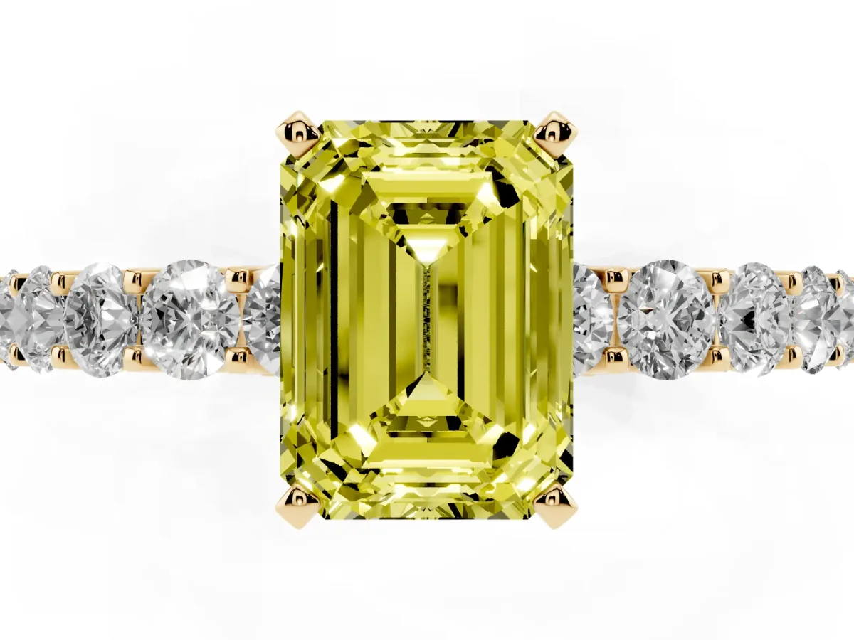 Fancy Yellow Emerald Cut Diamond Solitaire Ring with Shared Prong Pavé Band and Four-Prong Setting Yellow gold