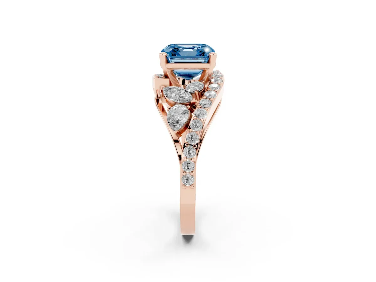 Fancy Blue Asscher Cut Diamond Halo Ring with Marquise and Pavé Band in Prong Setting Rose gold