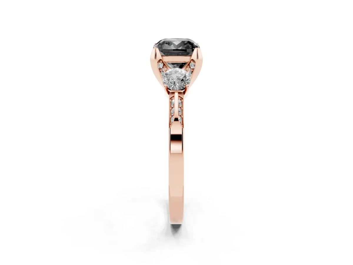 Fancy Black Cushion Cut Brilliant Three-Stone Diamond Ring with Pavé Band and Four-Prong Setting Rose gold