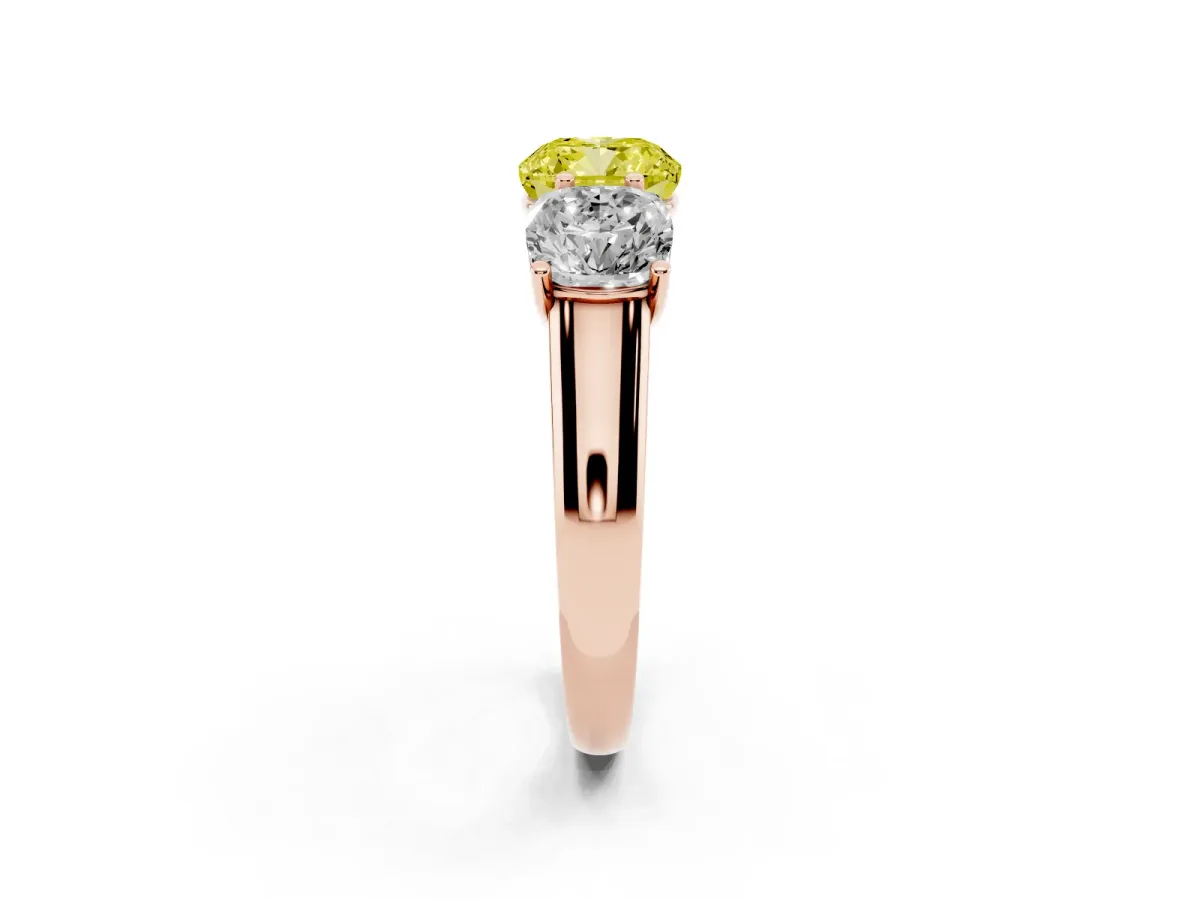 Fancy Yellow Cushion Cut Three-Stone Diamond Ring with Prong Setting on a Classic Band Rose gold