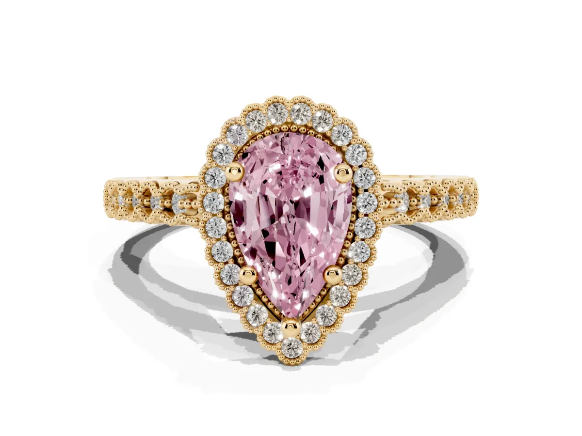 Fancy Pink Pear Cut Cut Halo Pavé Solitaire Ring with Milgrain Band Yellow gold