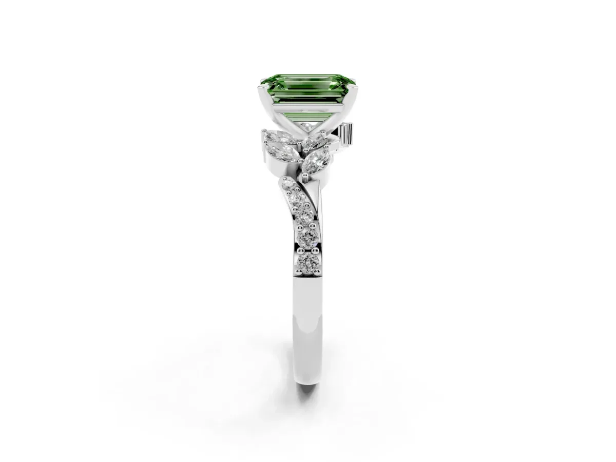Fancy Green Emerald Cut Solitaire Marquise Twist Band with Six-Prong Setting Silver