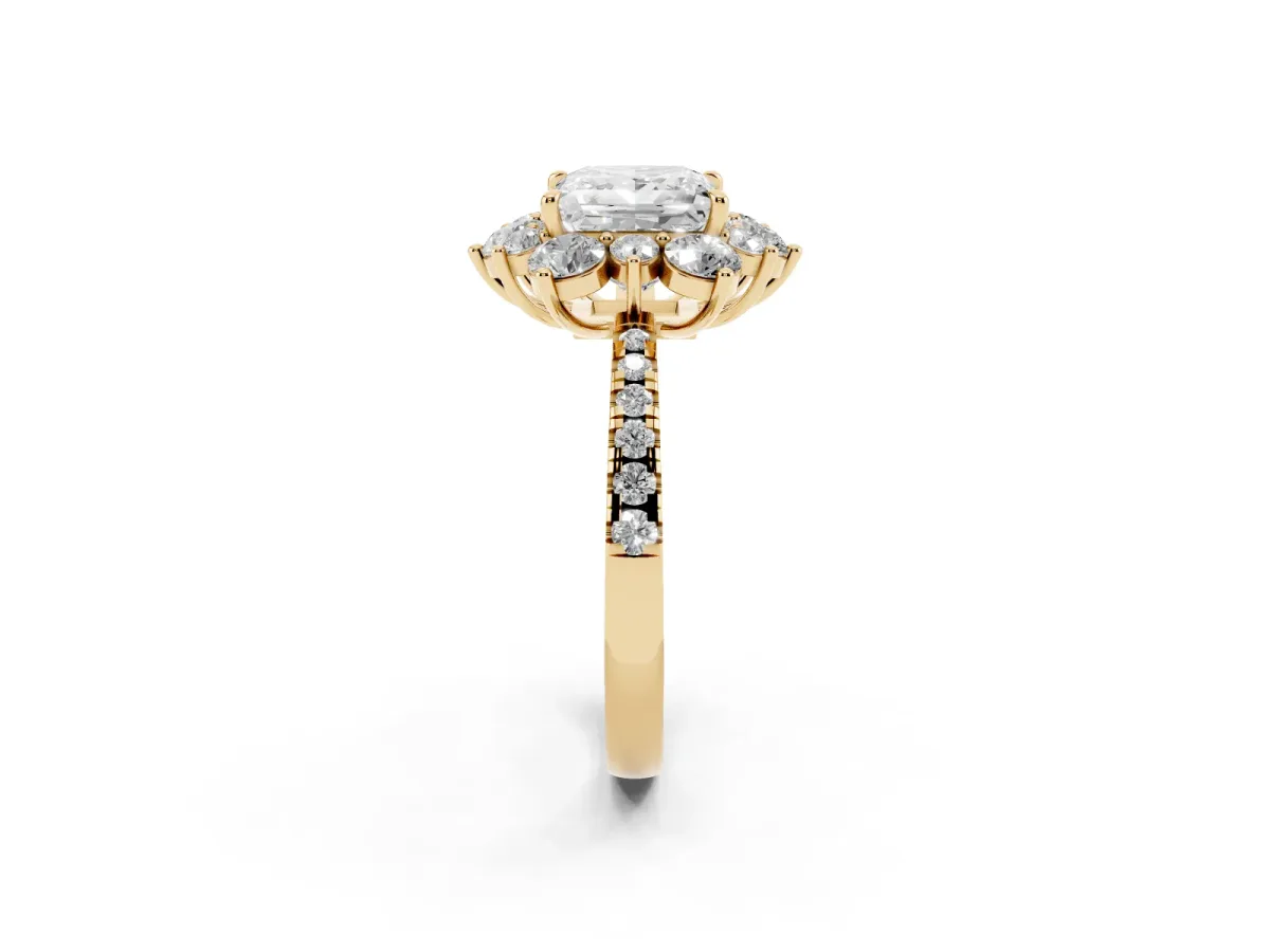 Princess Cut Diamond Floral Halo Ring with Round Pavé Band and Prong Setting Yellow gold