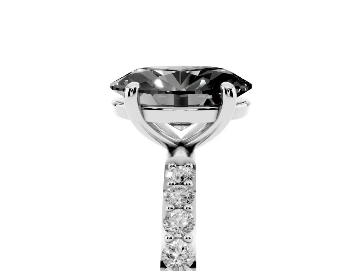 Fancy Black Oval Cut Diamond Solitaire Ring with Round Pavé Band and Prong Setting Silver