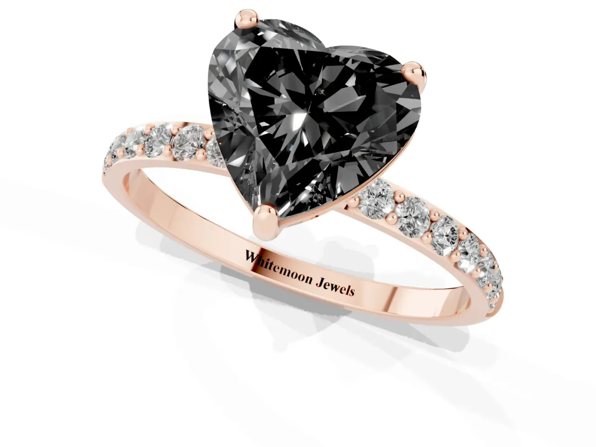 Fancy Black Heart Cut Diamond Solitaire Ring with Round Pavé Band and Prong Setting Rose gold