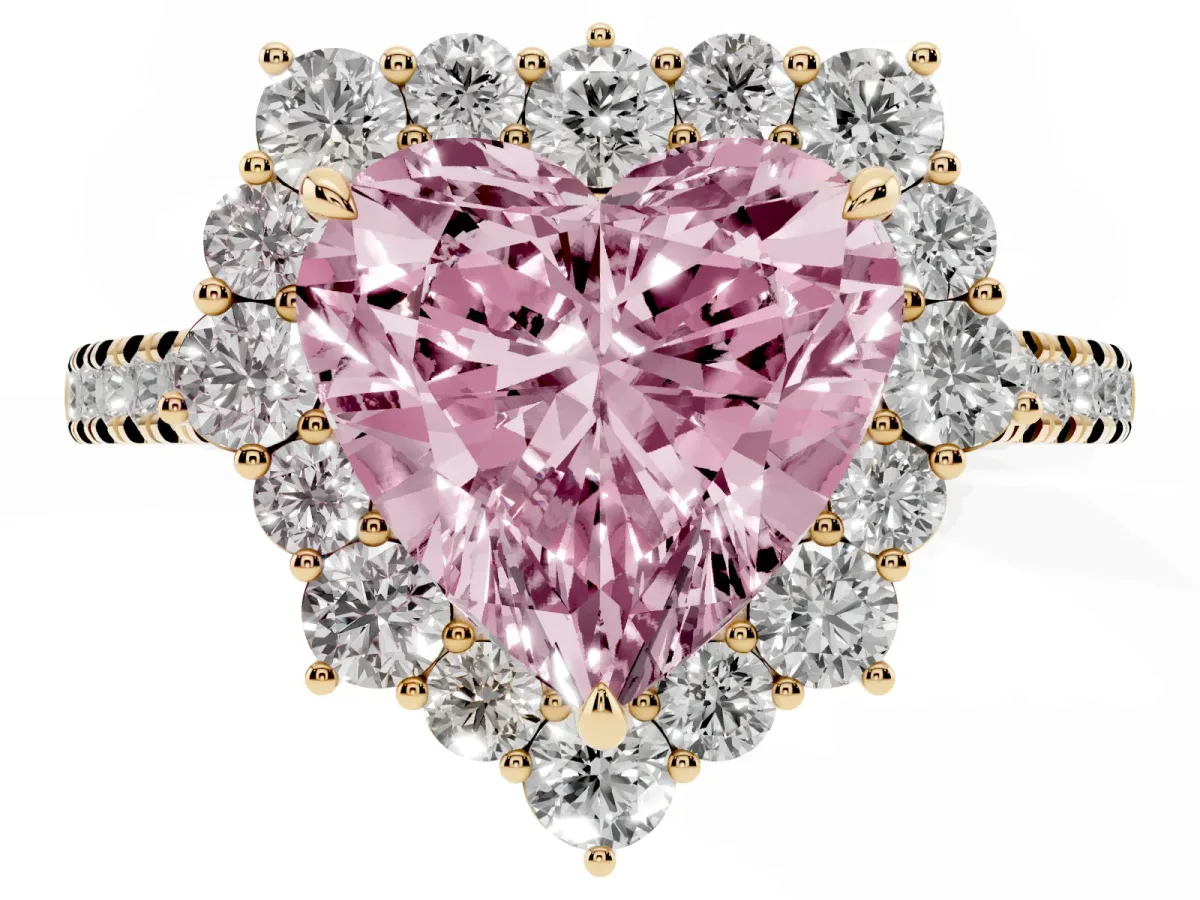 Fancy Pink Heart Cut Halo Diamond Ring with Pavé Band and Prong Setting Yellow gold