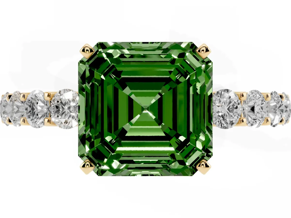 Fancy Green Asscher Cut Diamond Solitaire Ring with Shared Prong Pavé Band and Four-Prong Setting Yellow gold