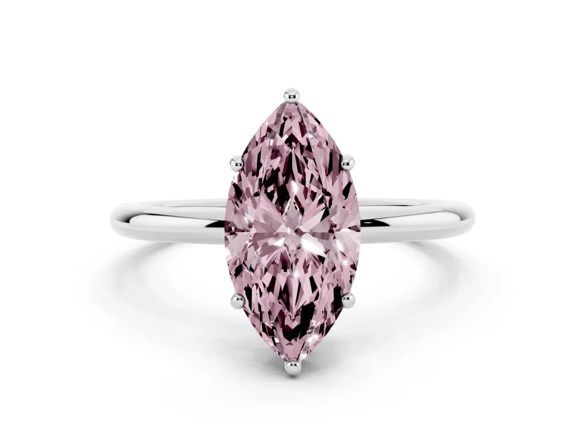 Fancy Pink Marquise Cut Solitaire Diamond Ring with a Classic Band and Four-Prong Setting Silver