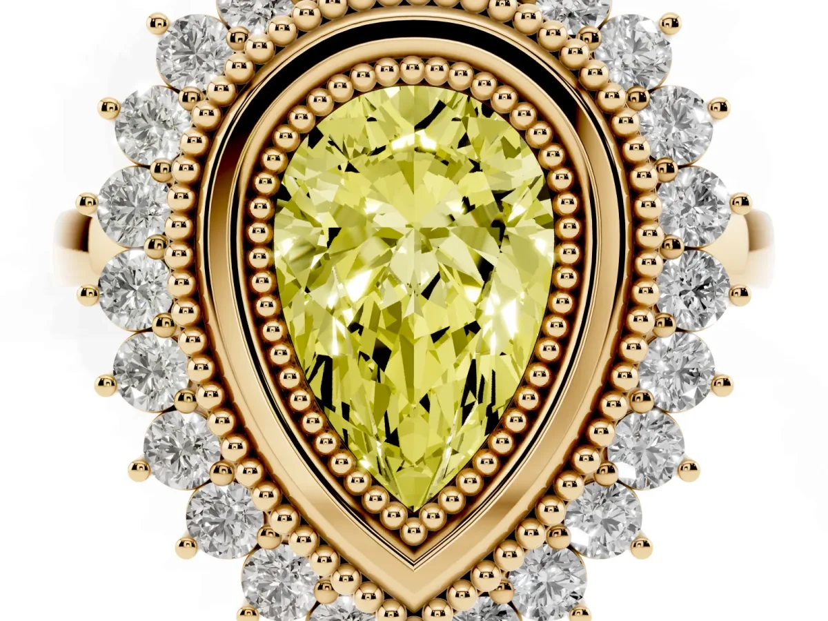 Fancy Yellow Pear Cut Halo Diamond Ring with Milgrain Edge and Round Prong Setting Yellow gold