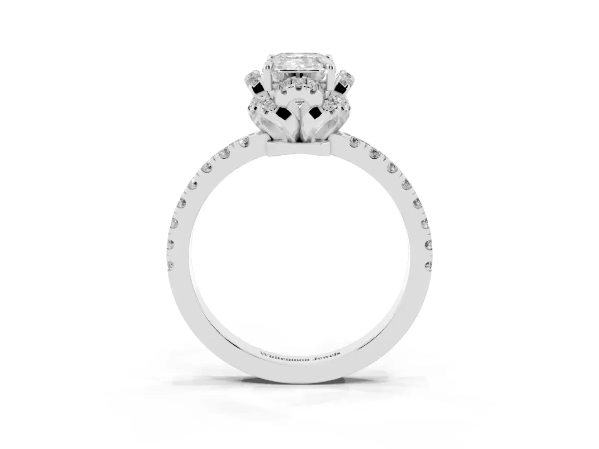 Emerald Cut Halo Diamond Pave Band Ring with Four-Prong Setting Platinum