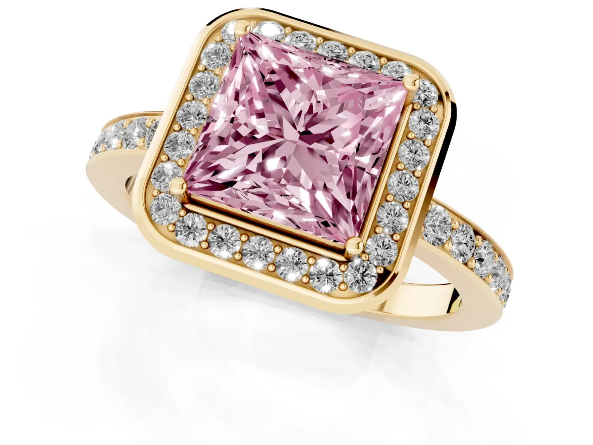 Fancy Pink Princess Cut Diamond Halo Ring with Bezel Frame and Pavé Band Yellow gold