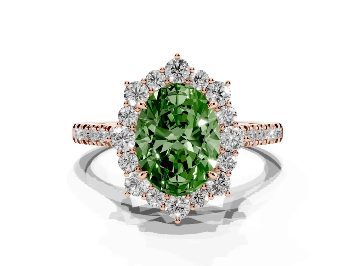 Fancy Green Oval Cut Halo Diamond Ring with Pavé Band and Prong Setting Rose gold