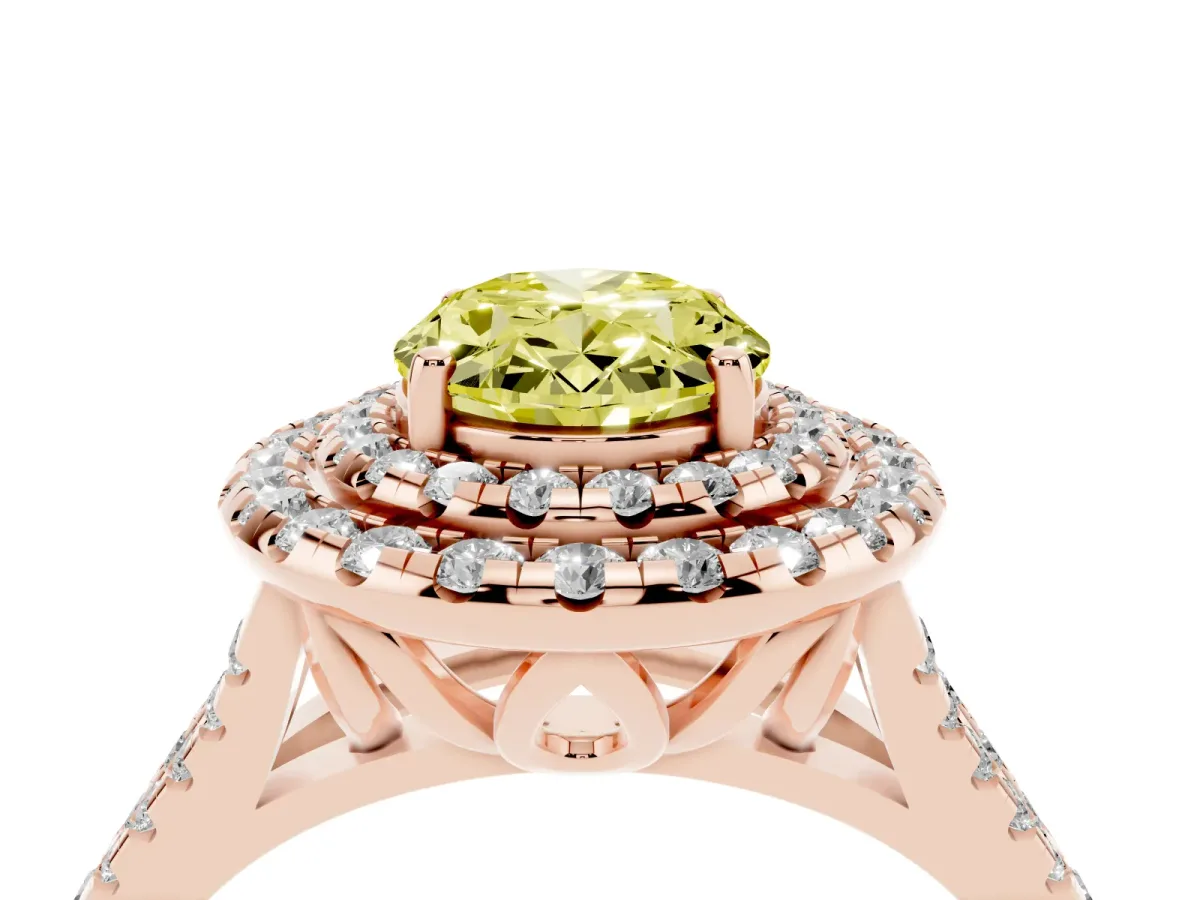 Fancy Yellow Double Halo Oval Cut Diamond Pavé Split Shank Ring with Prong Setting Rose gold