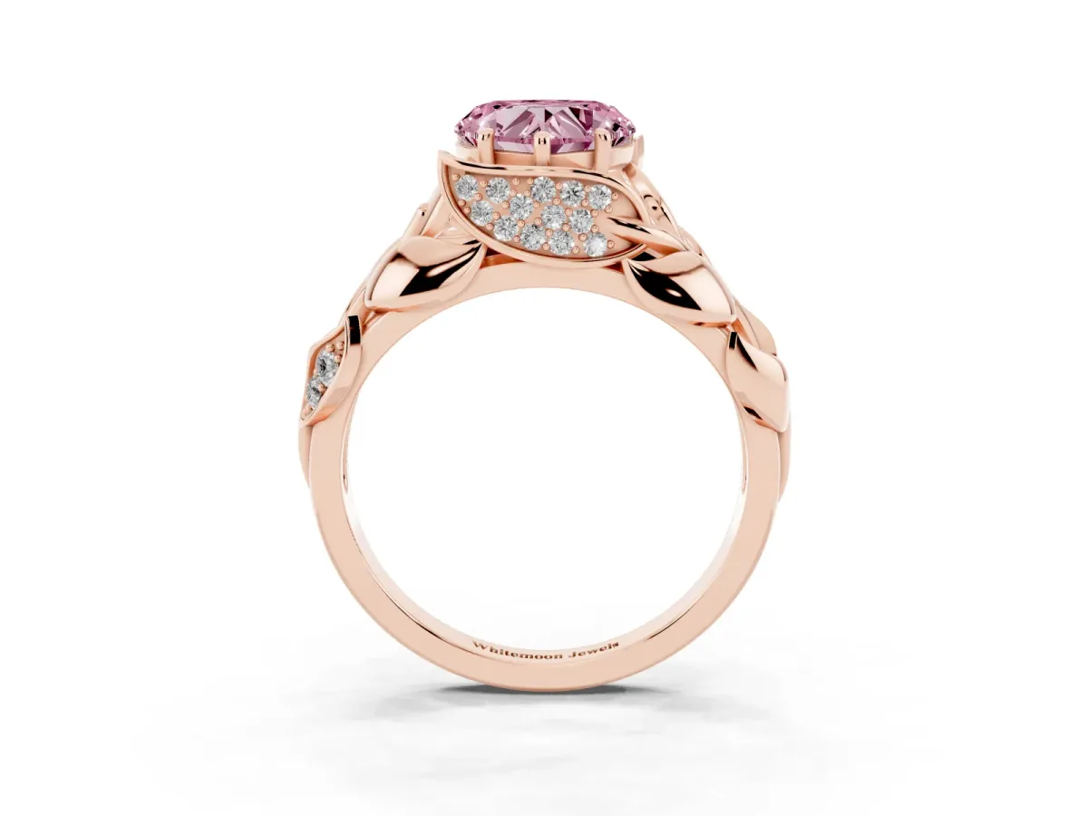Fancy Pink Heart Cut Diamond Leaf-Inspired Engagement Ring with Round Accents and Prong Setting Rose gold