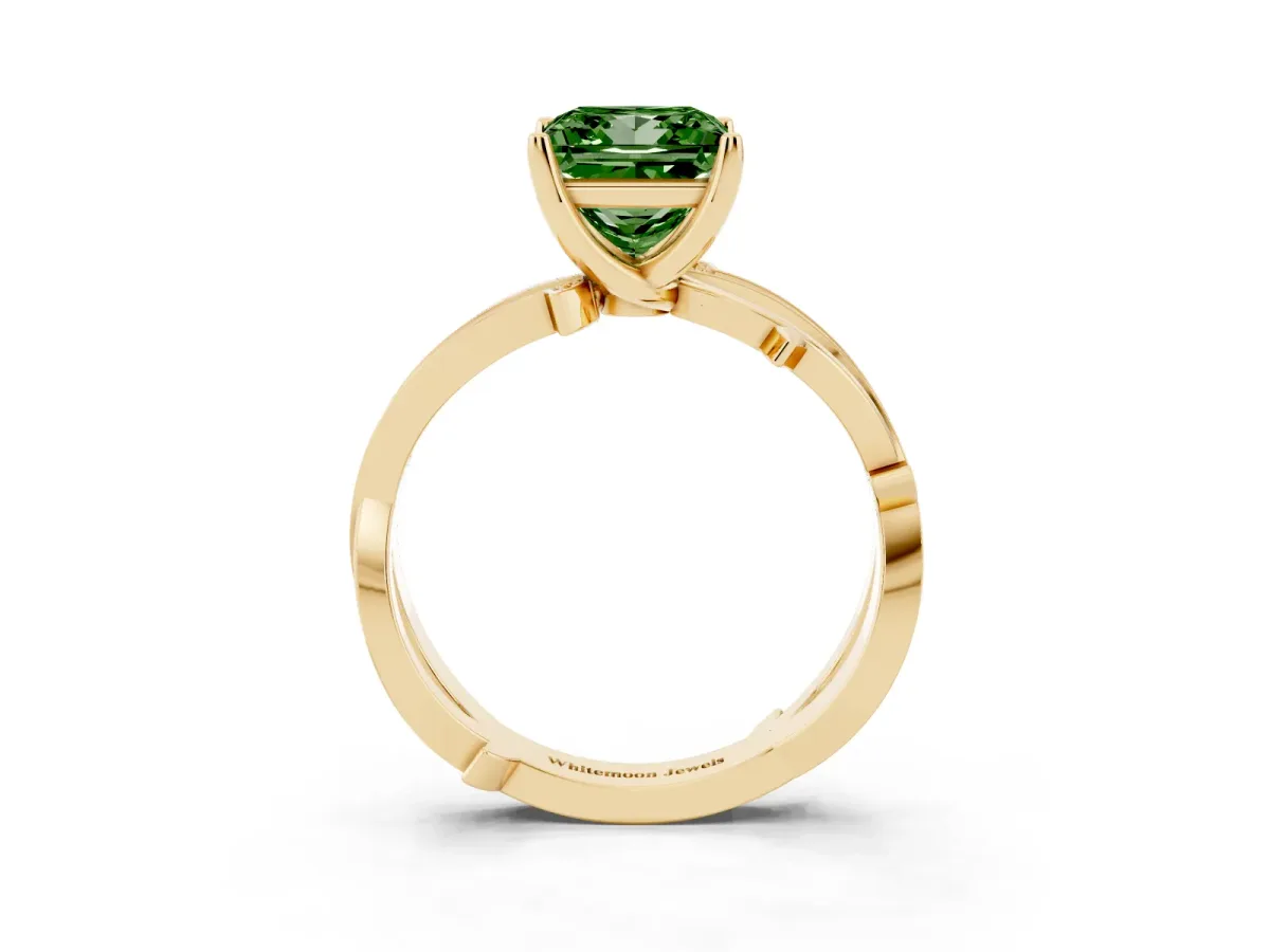Fancy Green Princess Cut Solitaire Twist Band with Pavé Accents and Four-Prong Setting Yellow gold