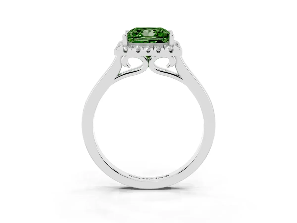 Fancy Green Princess Cut Halo Round Diamond Solitaire Ring with Pavé Band and Four-Prong Setting Platinum