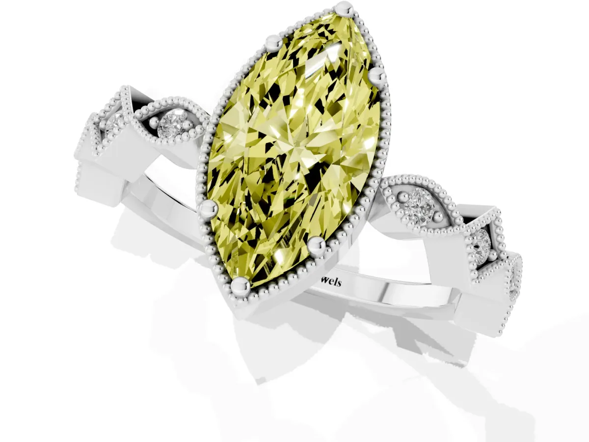Fancy Yellow Marquise Cut Milgrain Marquise Diamond Twist Band Ring Silver