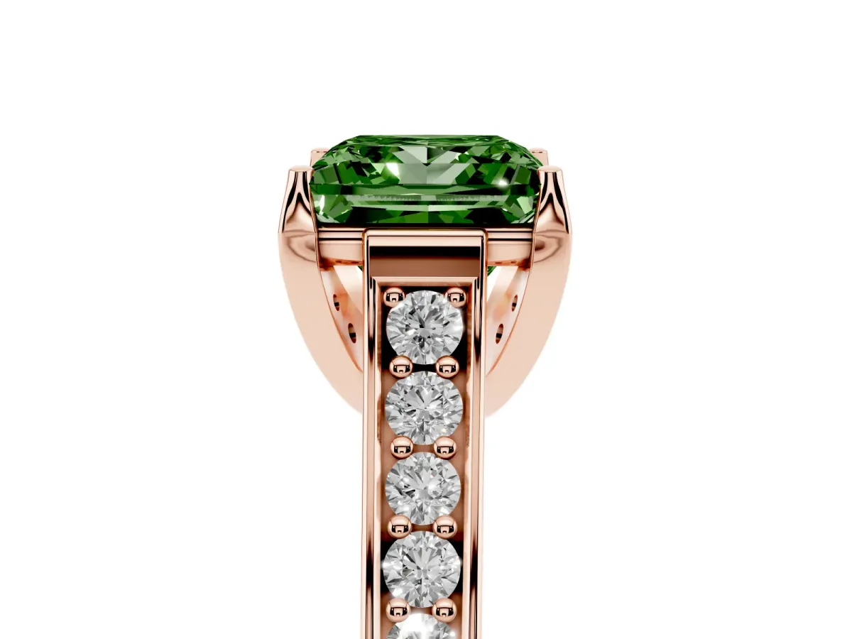 Fancy Green Princess Cut Brilliant Cut Diamond Engagement Ring with Pavé Band and Four-Prong Setting Rose gold