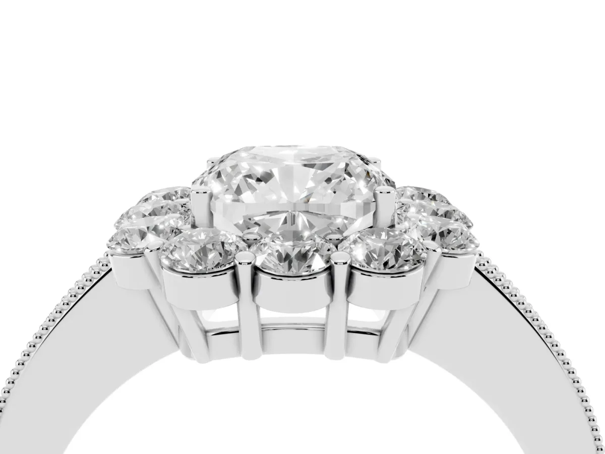 Cushion Cut Cut Halo Diamond Pavé Engagement Ring with Milgrain Detailing Silver