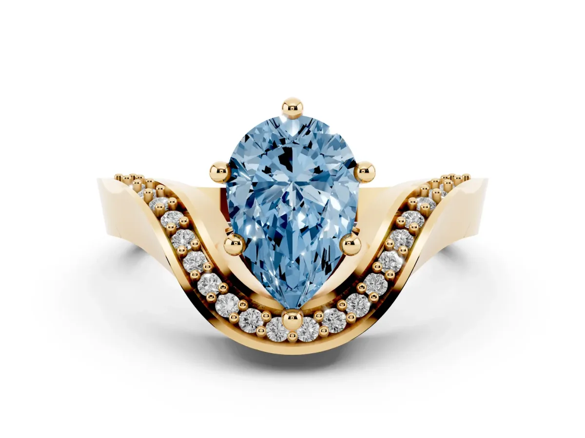 Fancy Blue Pear Cut Solitaire Diamond Engagement Ring with Pave Band and Four-Prong Setting Yellow gold