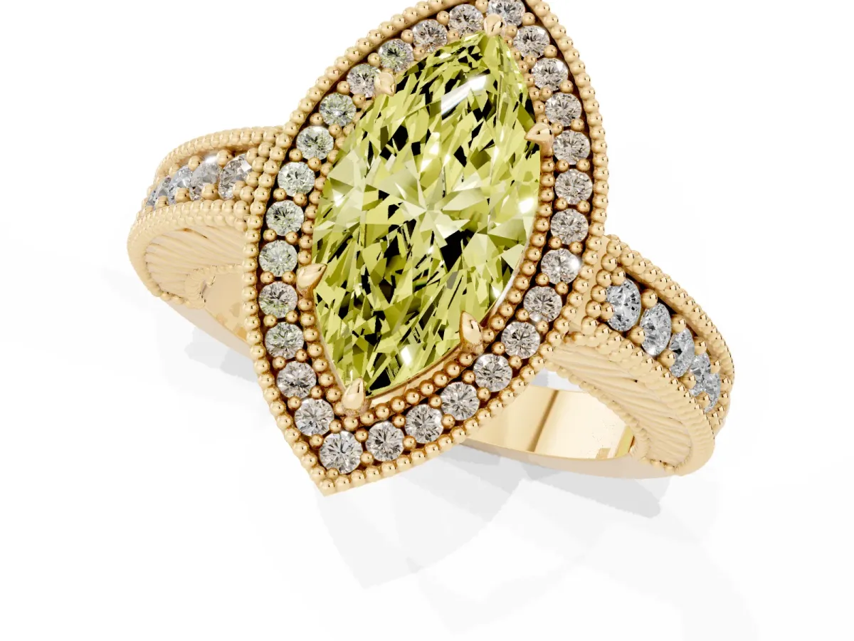 Fancy Yellow Marquise Cut Cut Halo Diamond Ring with Pavé Band and Four-Prong Setting Yellow gold
