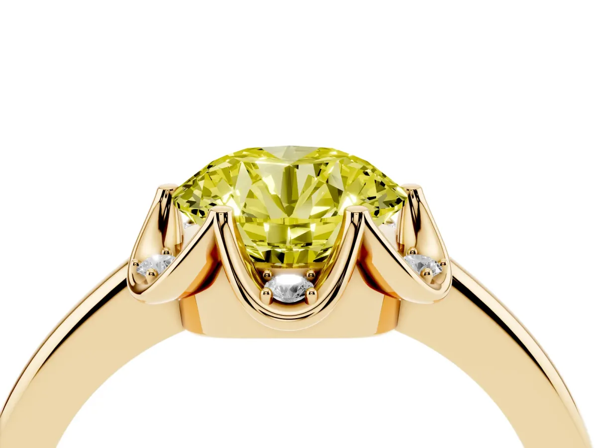 Fancy Yellow Round Cut Halo Diamond Ring with Round Cluster Setting, Solitaire Band, and Four-Prong Setting Yellow gold