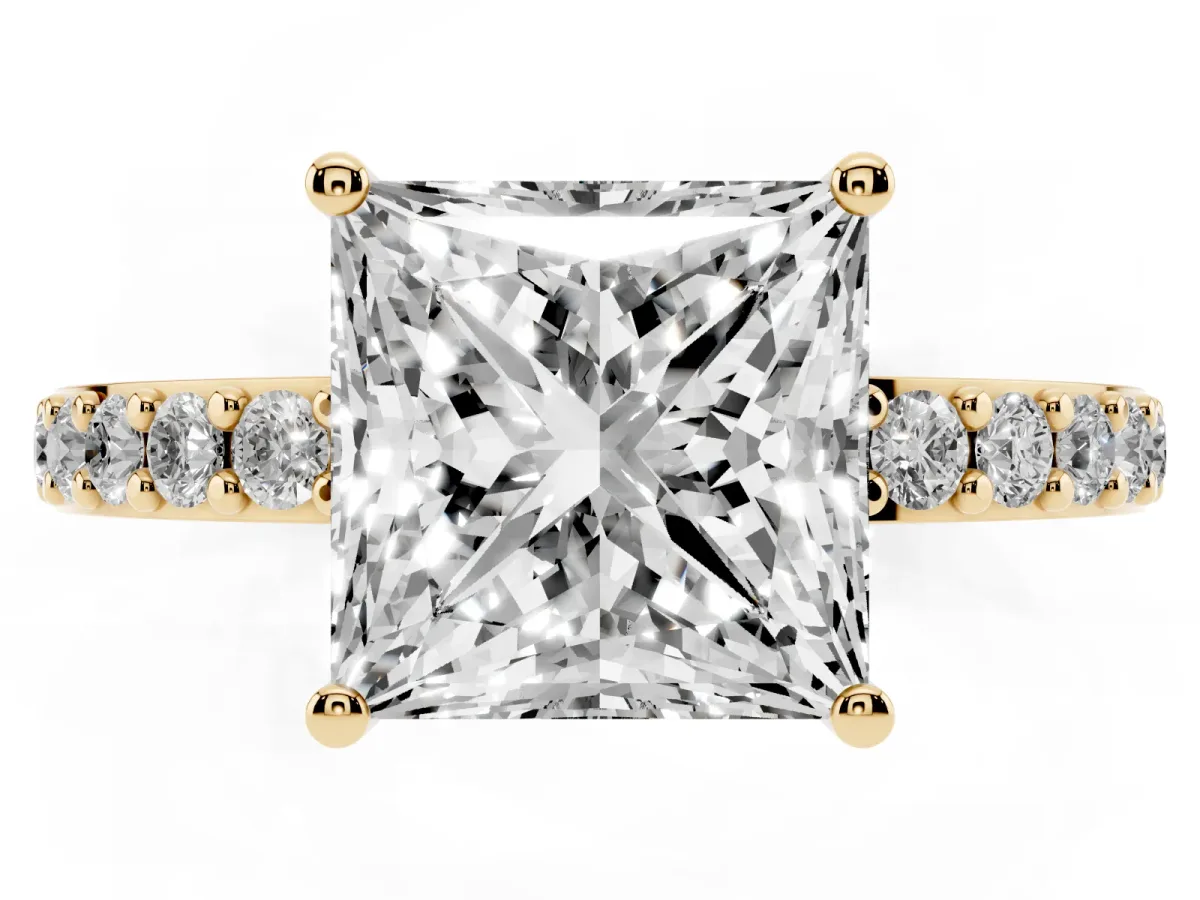 Princess Cut Cut Diamond Solitaire with Pave Band and Four-Prong Setting Yellow gold