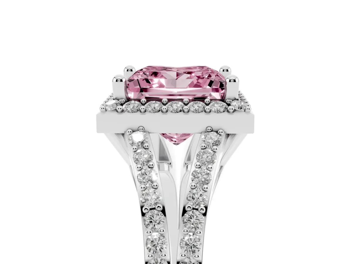 Fancy Pink Princess Cut Halo Split Shank Pave Diamond Ring with Four-Prong Setting Silver
