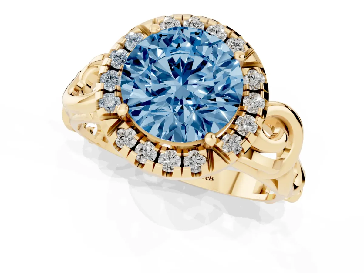 Fancy Blue Round Cut Cut Halo Diamond Ring with Scrollwork Band and Four-Prong Setting Yellow gold
