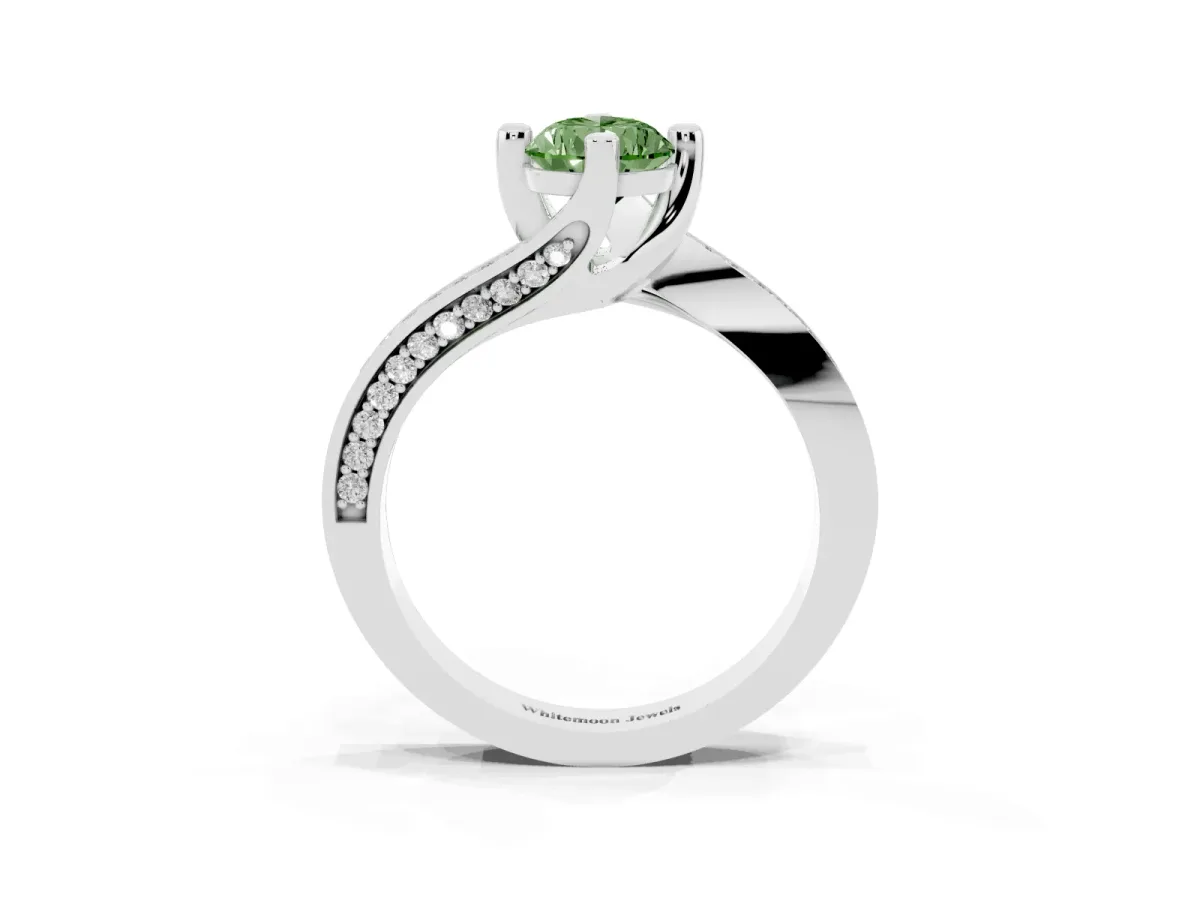 Fancy Green Pear Cut Solitaire Diamond Twist Band with Pavé Setting and Four-Prong Setting Silver