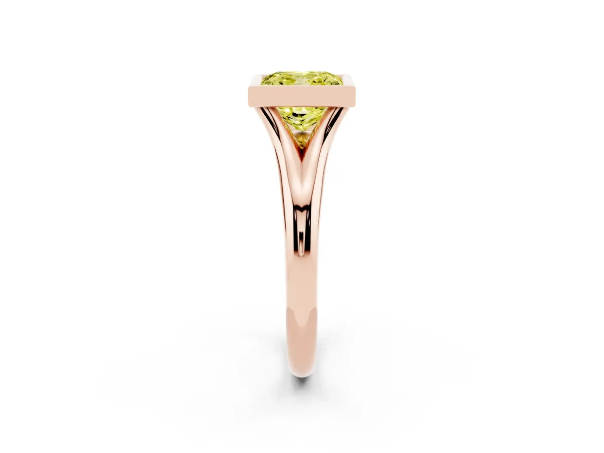 Fancy Yellow Bezel Set Princess Cut Solitaire Diamond Ring with Smooth Band Rose gold