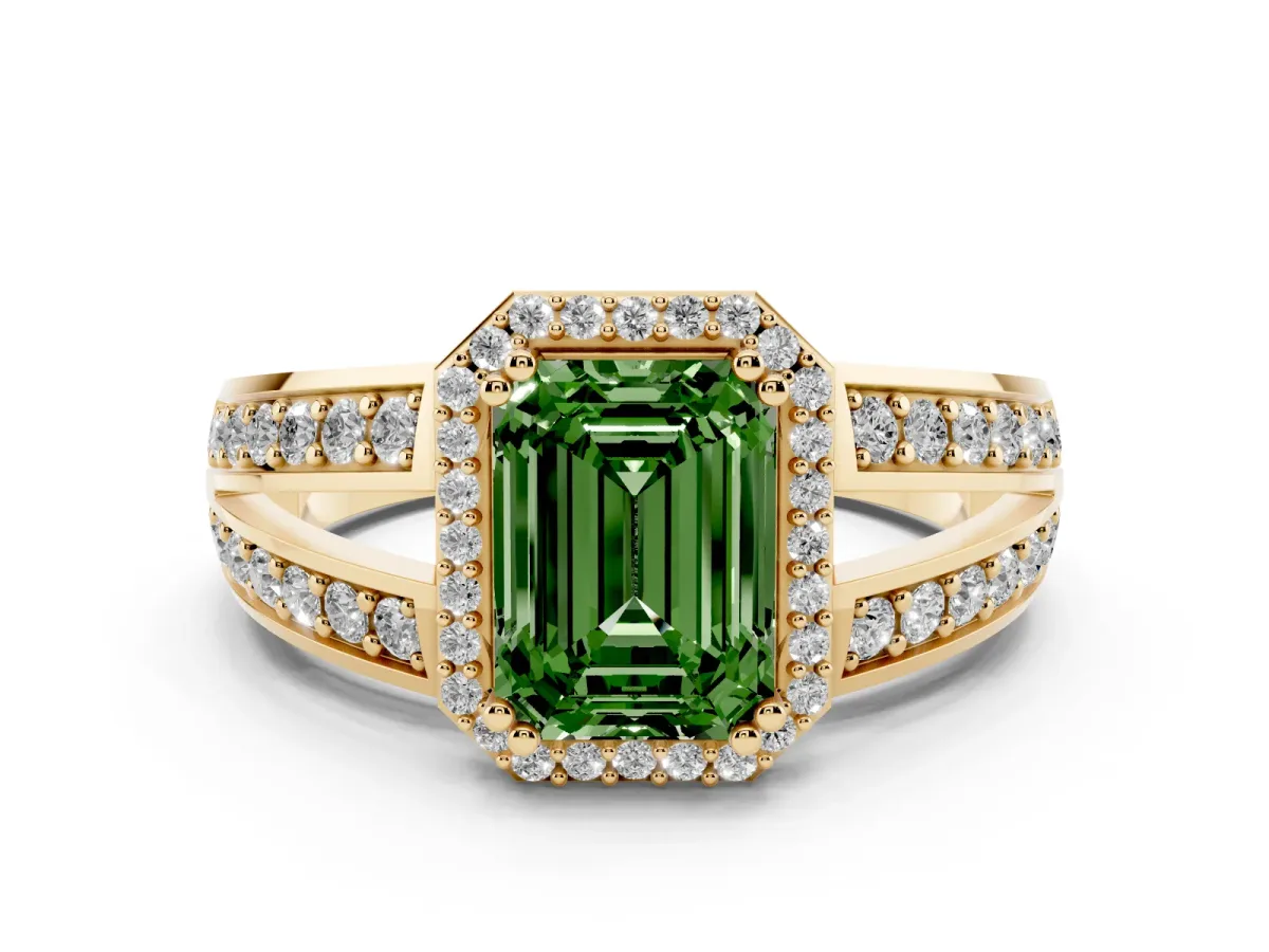 Fancy Green Emerald Cut Diamond Halo Ring with Split Shank Pavé Band and Four-Prong Setting Yellow gold