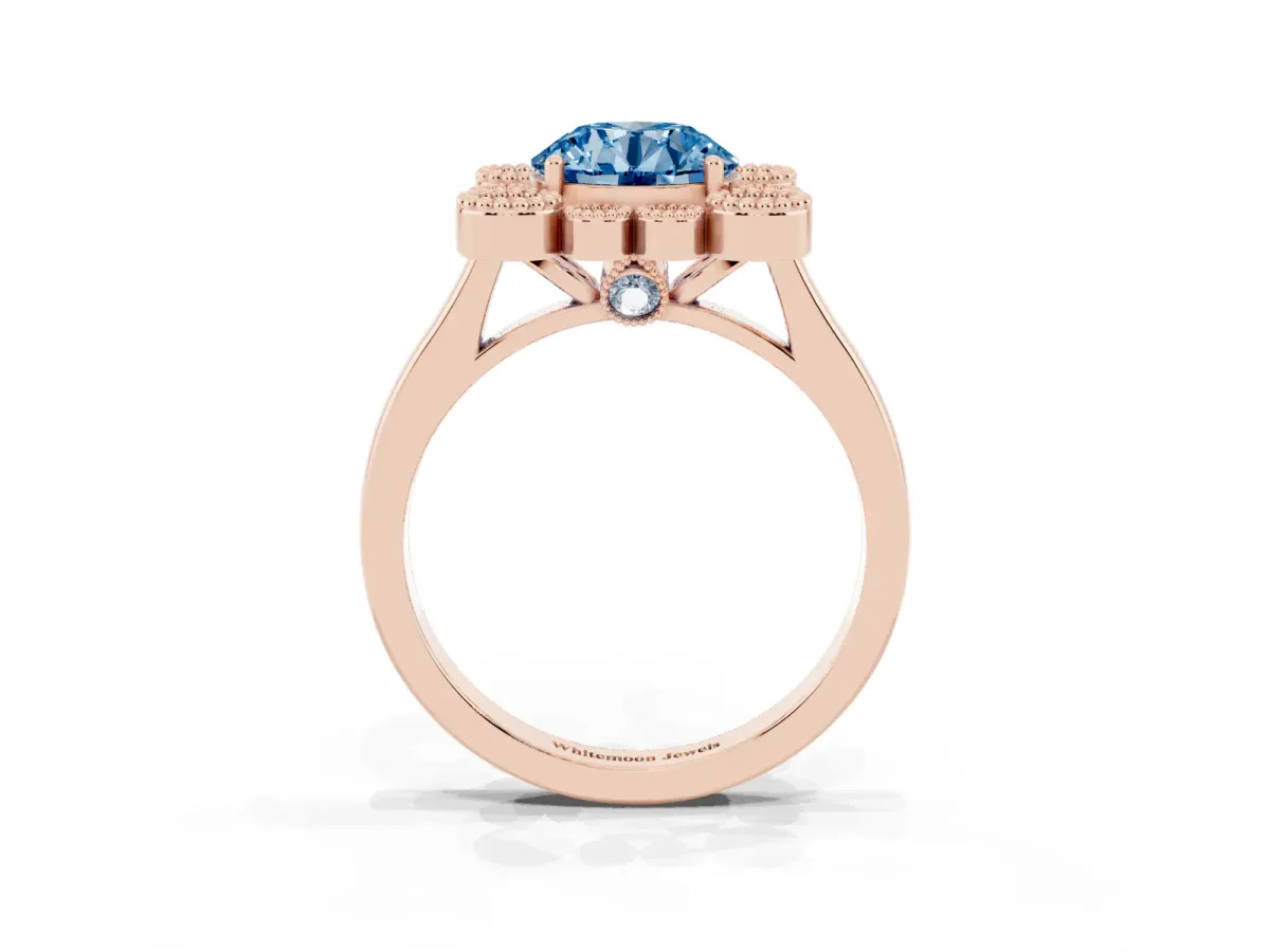 Fancy Blue Round Cut Halo Diamond Cluster Engagement Ring with Milgrain Bezel Setting and Solitaire Band Rose gold