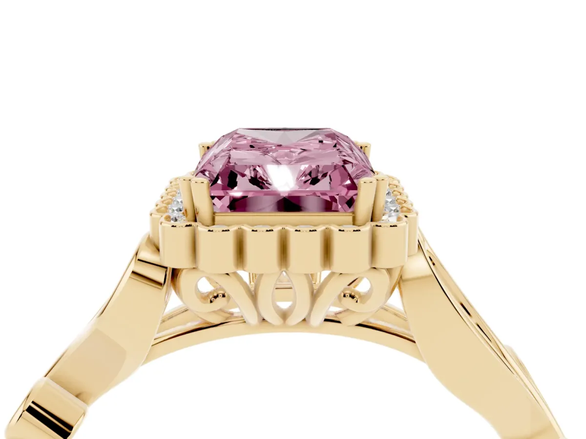 Fancy Pink Radiant Cut Diamond Halo Ring with Vintage Split Shank and Four-Prong Setting Yellow gold