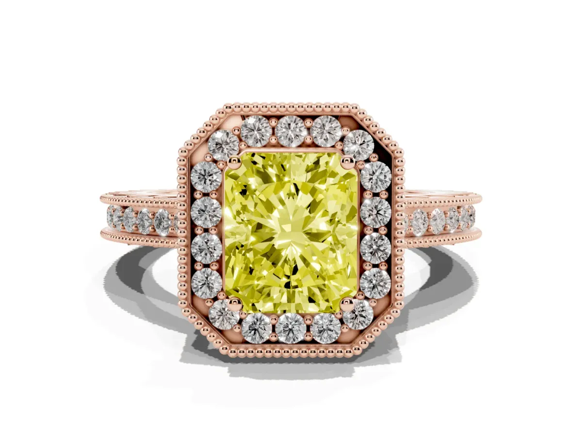 Fancy Yellow Radiant Cut Diamond Milgrain Halo Engagement Ring with Round Pavé Band and Prong Setting Rose gold