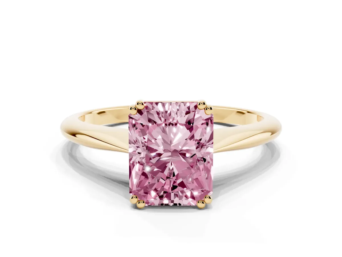Fancy Pink Radiant Cut Solitaire Diamond Ring with Six-Prong Setting and Classic Band Yellow gold