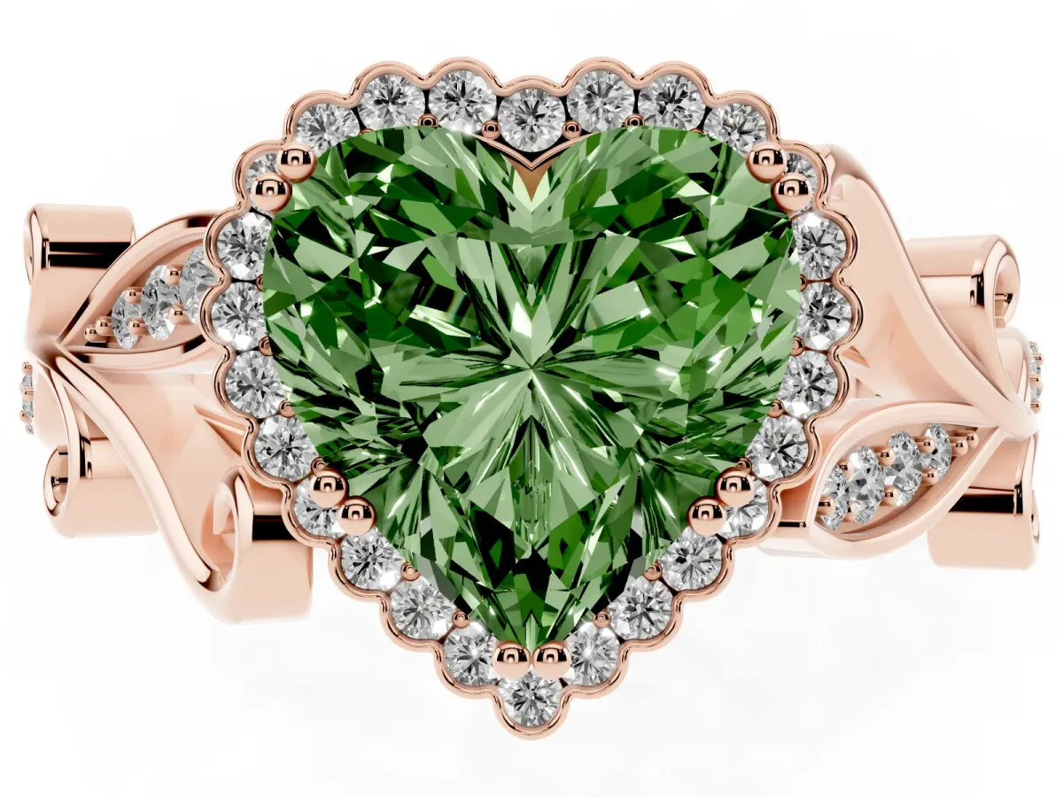 Fancy Green Heart Cut Diamond Halo Ring with Vintage Split Shank and Four-Prong Setting Rose gold