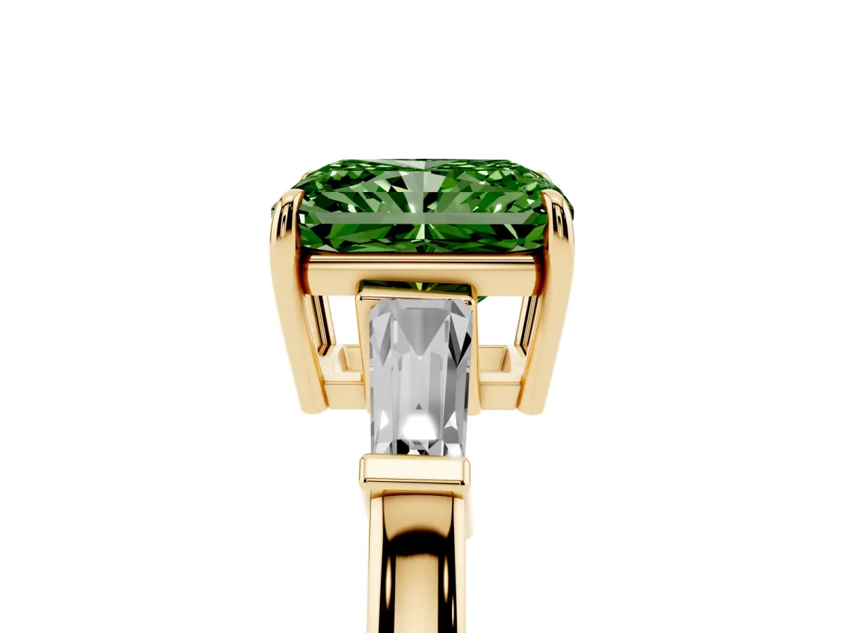 Fancy Green Radiant Cut Diamond Three-Stone Ring with Tapered Baguette Side Stones and Prong Setting Yellow gold