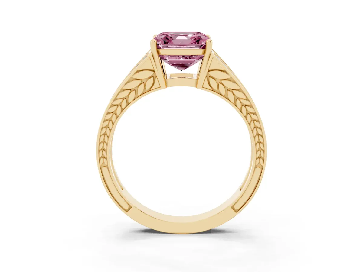 Fancy Pink Asscher Cut Diamond Split Shank Ring with Pavé Band and Four-Prong Setting Yellow gold